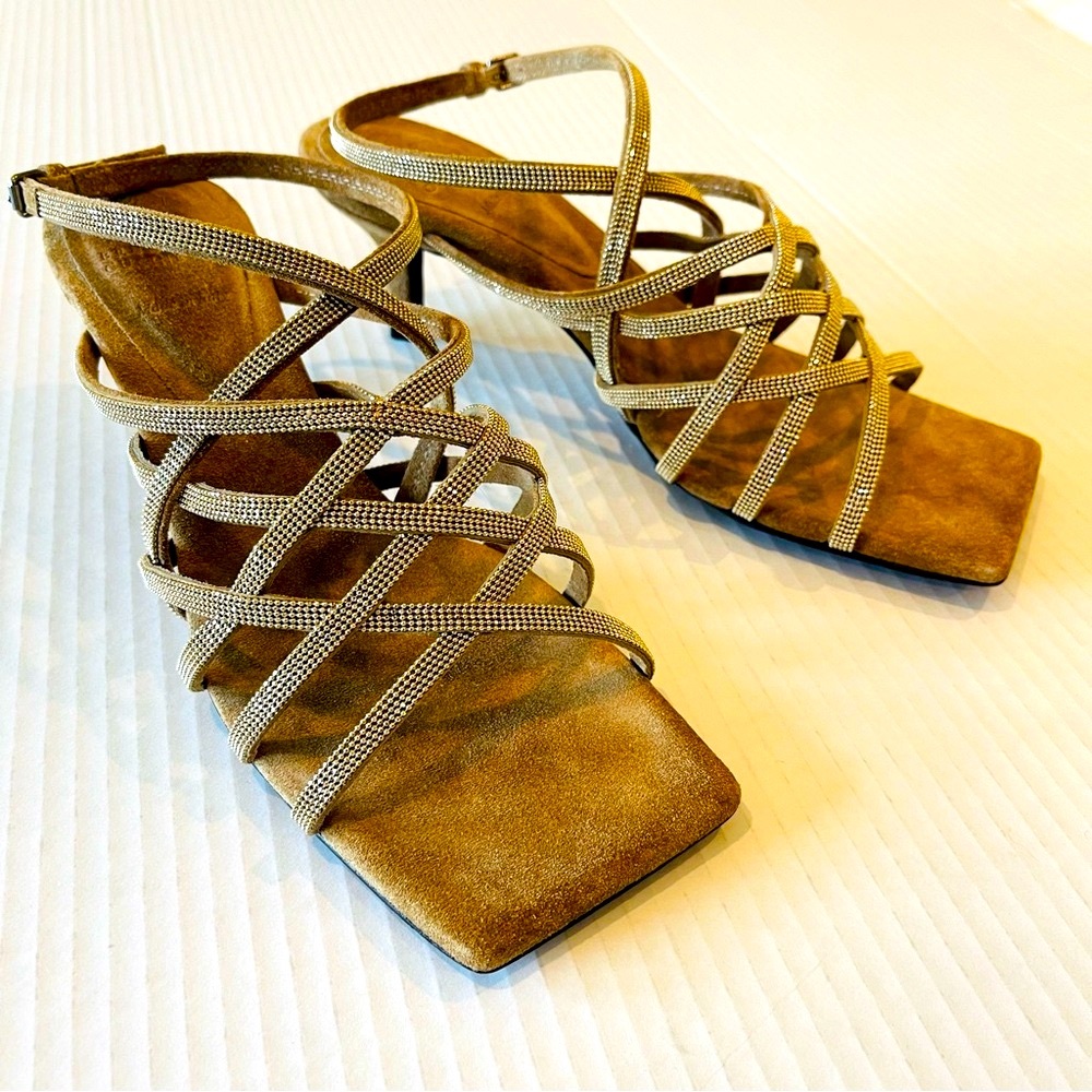 BRUNELLO CUCINELLI Monili Cage Slingback Sandal SUEDE Shoe 38 US 8 Gold NEW Box! - Picture 6 of 15